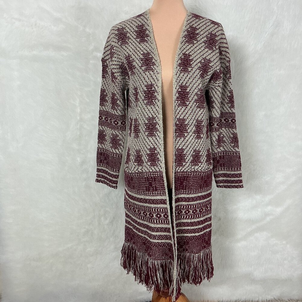 Maxsport Oatmeal Red Southwestern Knit Open Front Fringe Cardigan Sweater L